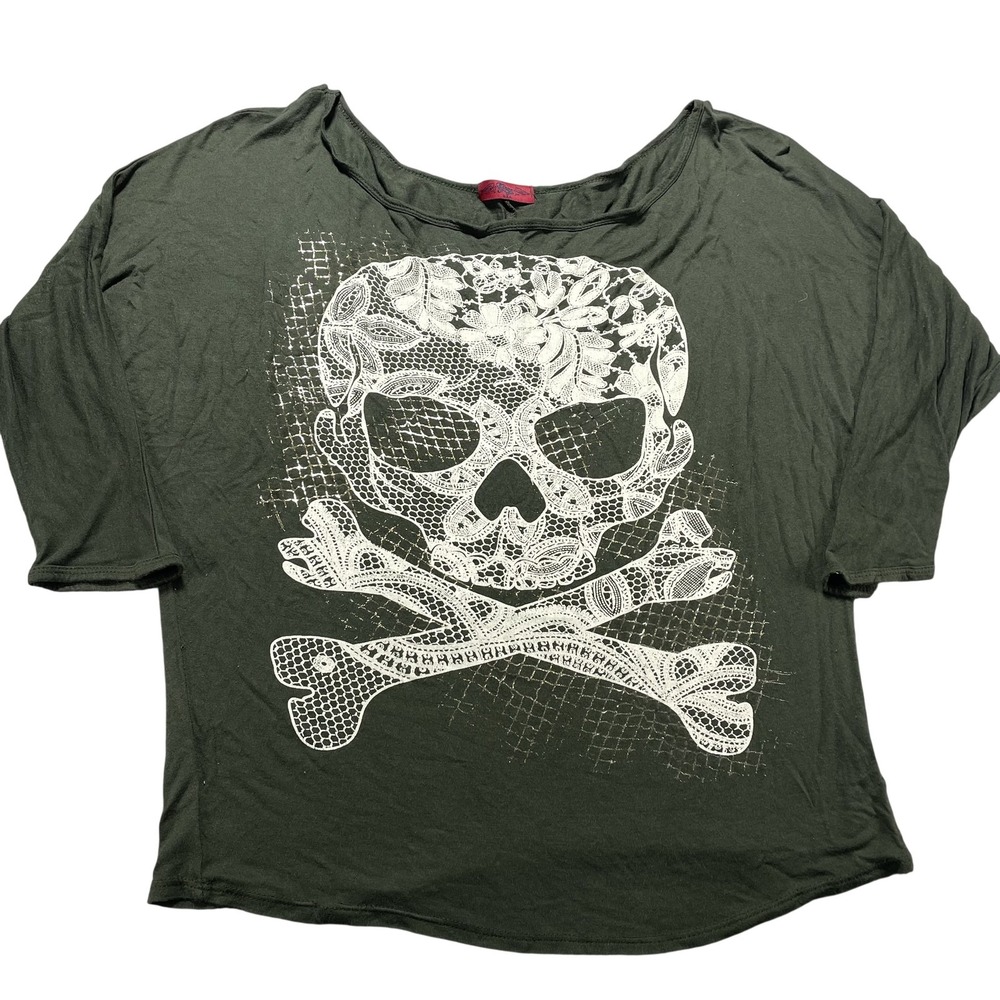 Gaze USA Shirt Womens One Size Green Skull Halloween Dolman 3/4 Sleeve Tee
